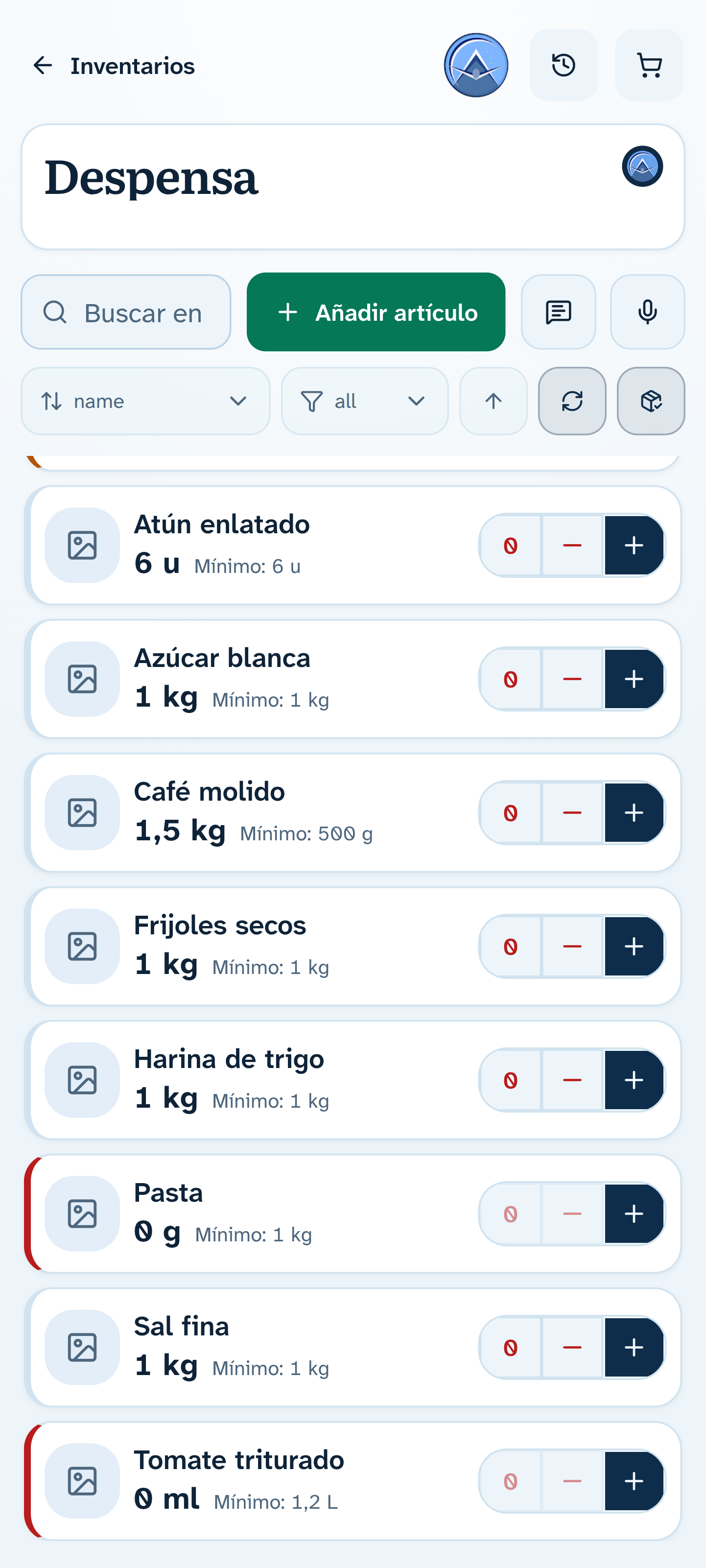 Pantry inventory in Kekeda with quantities and controls to update stock.