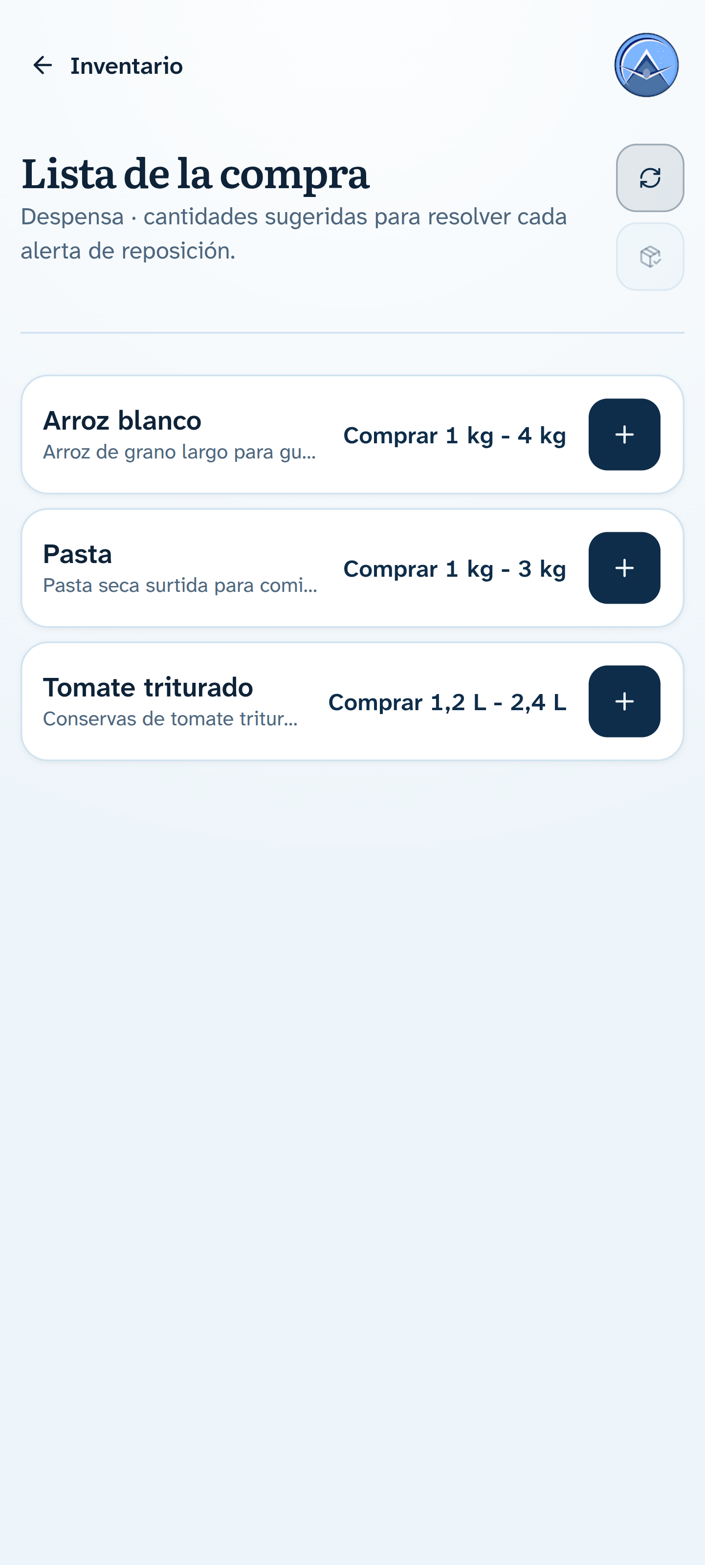 Real Shopping view in Spanish with suggested restocking quantities for rice, pasta and tomatoes.